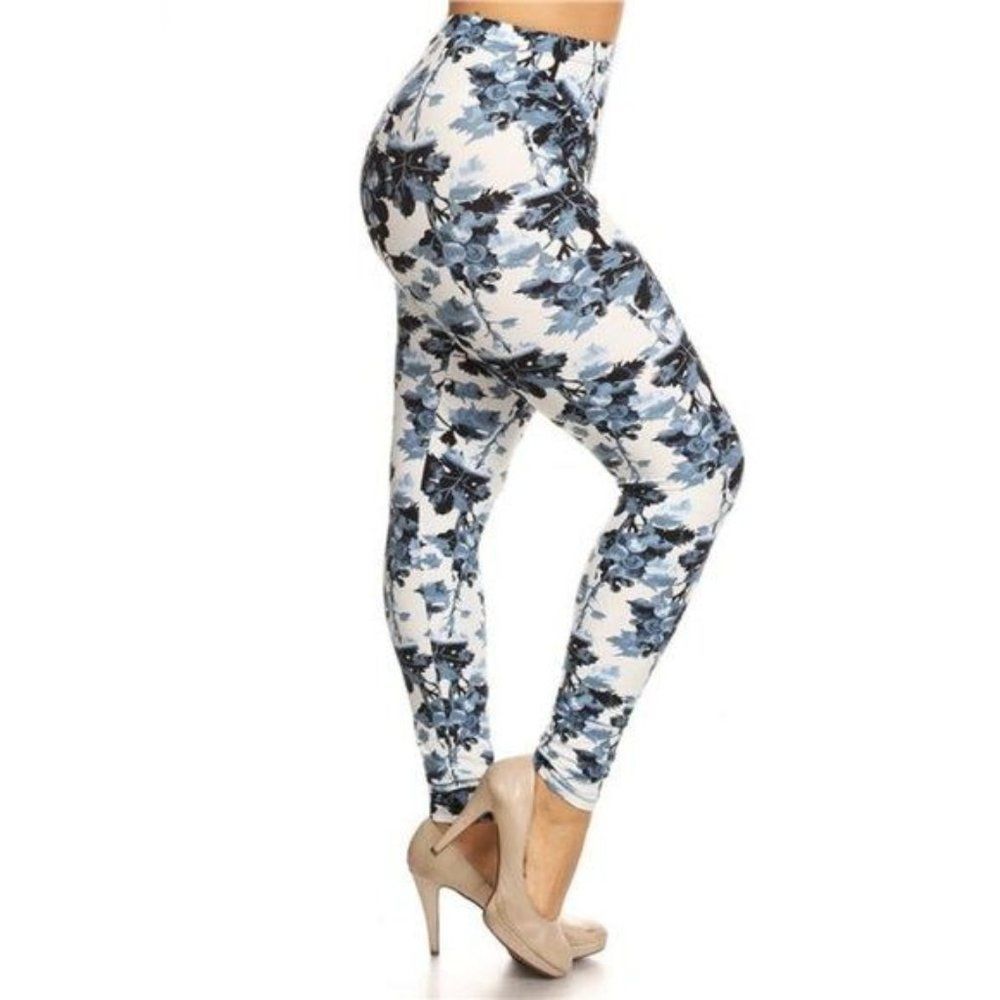Blue Floral Pattern Print Leggings